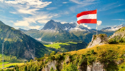 Austrian flag in the iconic beautiful alpine landscape and mountains