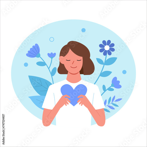 Love yourself. Woman take care of mentality and learn self accepting. Mental health and psychotherapy concept. Vector illustration.