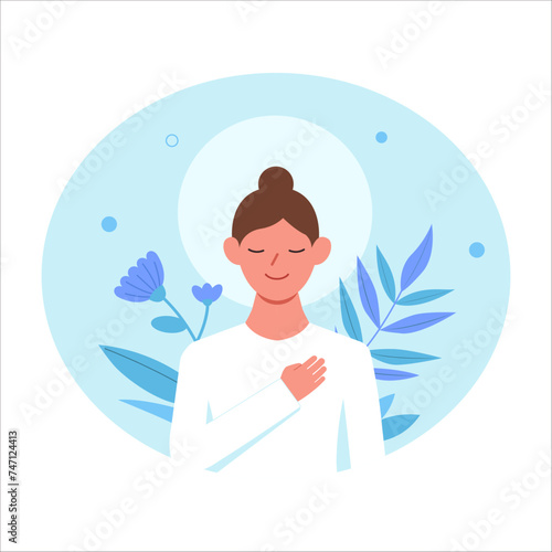 Love yourself. Woman take care of mentality and learn self accepting. Mental health and psychotherapy concept. Vector illustration.