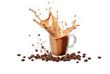 Chocolate milk splash with coffee beans isolated on transparent background