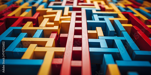 illustration of high angle of wooden maze with colorful narrow paths in blue and red with yellow colors