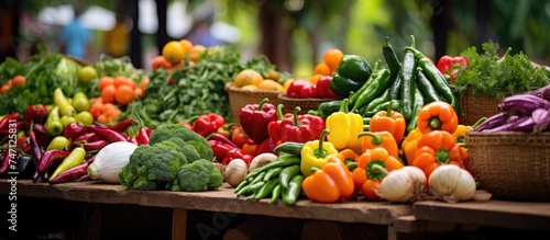 A diverse selection of fresh vegetables is neatly arranged on a table, showcasing the vibrant colors and textures of the produce. From leafy greens to root vegetables, the bounty of organic goodness