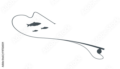 Fishing and active hobby. Fly fishing. Fish biting a fly lure. Simple black emblem, icon silhouette on white background. Flat vector illustration. Isolated