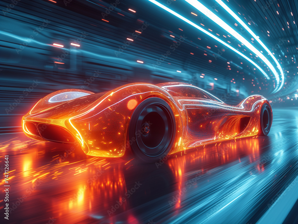 A sleek futuristic car illuminated with neon lights drives at high speed through a tunnel