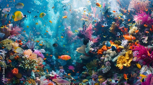 Vibrant Coral Reef with Colorful Fish © vanilnilnilla