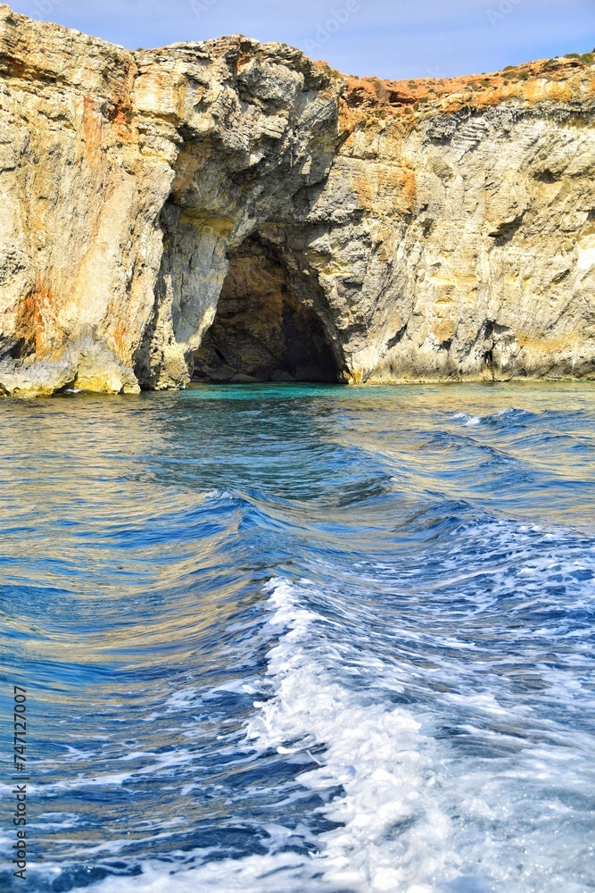 View of a cave in the blue lagoon.Malta,Comino.