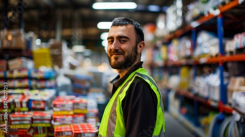 Smiling warehouse employee in high-visibility vest standing confidently amidst aisles of stocked shelves, representing efficient inventory management. photo