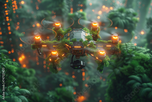 A forest scene with trees and bright lights illuminating the surroundings, with a flying drone