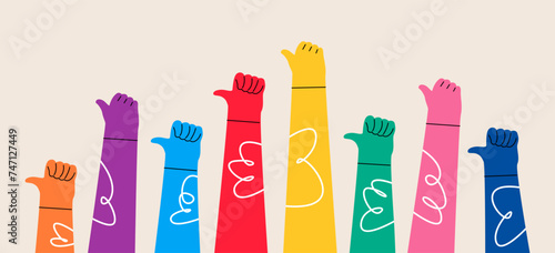 Hands up set. Thumbs up hand. Colorful vector illustration