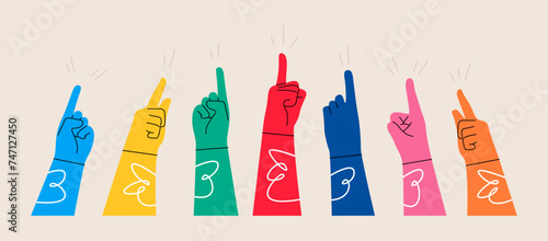 Hands up, pointing finger. Colorful vector illustration