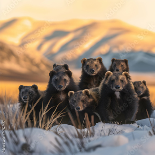Wolverine family walking towards the camera in the forest with setting sun. Group of wild animals in nature.