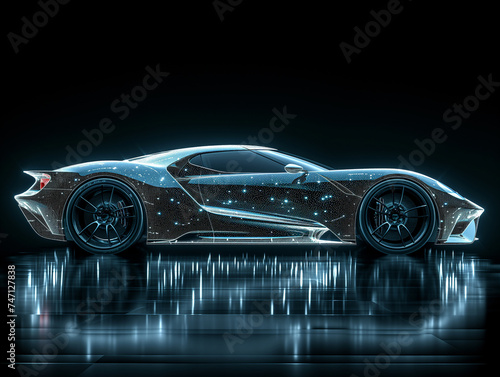 A futuristic electric concept car is showcased in the dark, showcasing its sleek design and innovative features