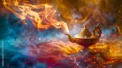 Golden Pot with Red Flame in Smokey Atmosphere