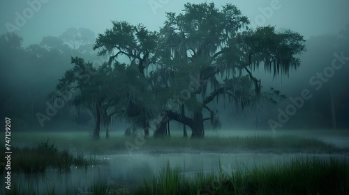 Southern Gothic-inspired Swamp Landscape with Mist and Larch Trees