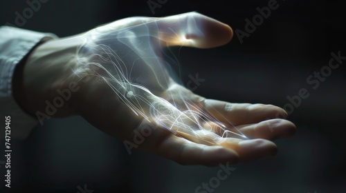 Ethereal concept of an open hand with glowing light streams, implying innovation and discovery, - ideal for themes of technology, enlightenment, and futurism.