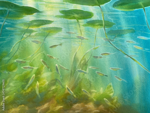 Small fish and leaves underwater watercolor background