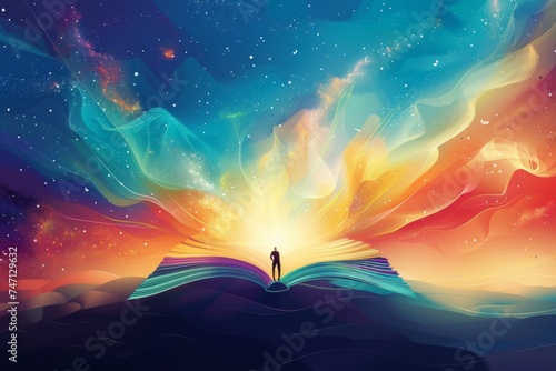 Illustration of a man standing in front of an open book with magic effect. Abstract background for World Poetry Day  photo
