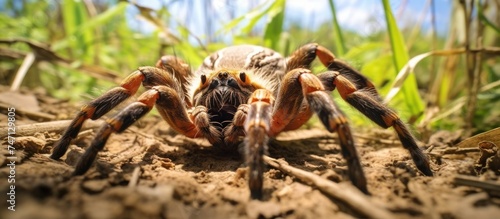 A detailed view of a spider crawling on the ground, showing its intricate legs and body as it moves. The spider is in focus, with the ground blurred in the background.