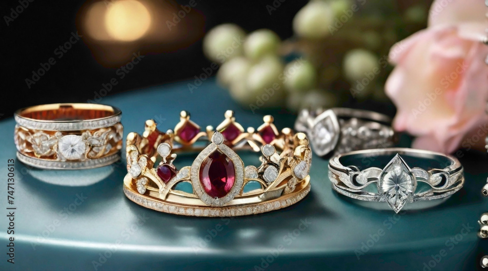crown with colorful jewels and luxurious bangles with nicely luxurious design abstract jewels and silver background of the ladies things for beauty crown with colorful jewels and luxurious bangles with nicely luxurious design abstract jewels and silver background of the ladies things for beauty