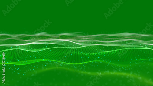 	
Abstract glowing digital cyber wave made of particles and dots moves on a blue background, big data	
