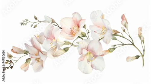 Freesia in watercolor, fragrance visualized, delicate, white background