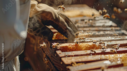 A careful beekeeper removes honeycombs with bees