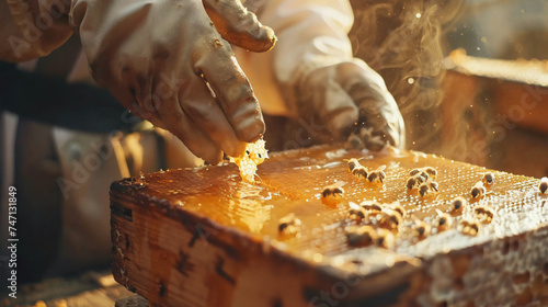 A careful beekeeper removes honeycombs with bees photo