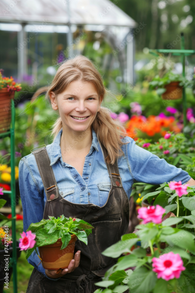 Young woman working  in greenhouse. She selecting garden flowers