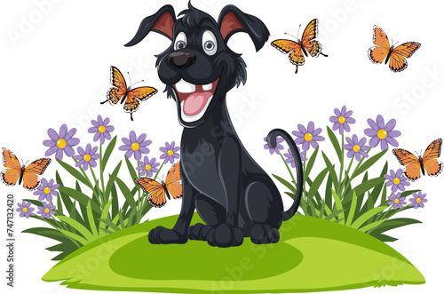 Cheerful black dog sitting in a colorful meadow