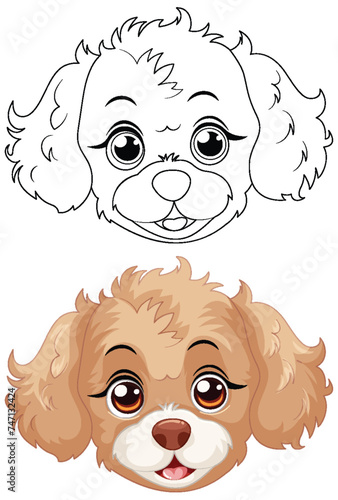 Outlined and colored illustrations of a cute puppy
