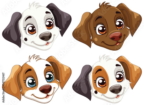 Four cute vector illustrated cartoon dog faces.