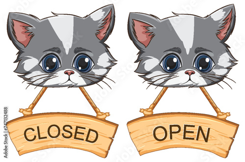 Two adorable kittens holding wooden signs.
