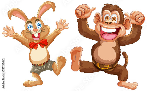 Animated rabbit and monkey celebrating with excitement.