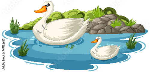 Two swans gracefully floating on tranquil water.