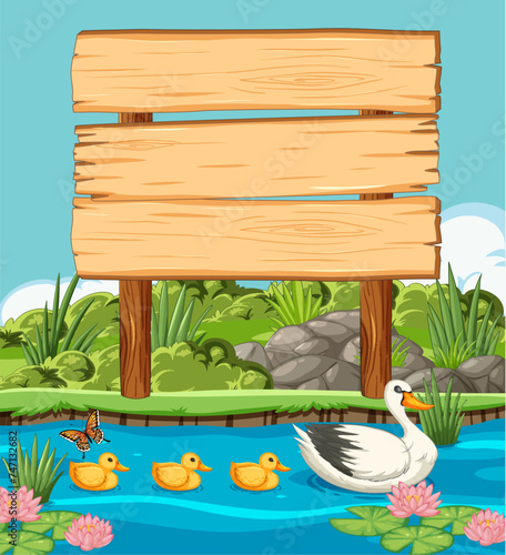 Vector illustration of ducks near a blank sign