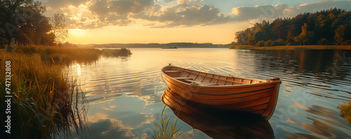 Old wooden sailboat on a serene lake at sunset, depicting peace and bygone days