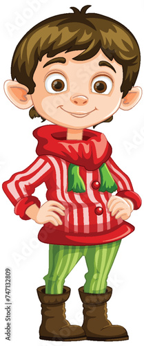Smiling elf character dressed in holiday-themed clothes.