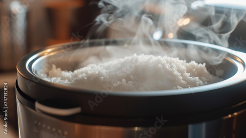 A closeup of the steam vent on the lid of a rice cooker releasing hot steam while cooking rice. photo