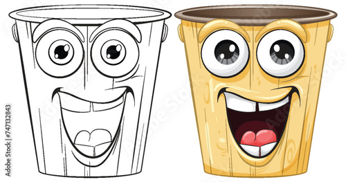 Two smiling animated trash bins, one colored, one outlined.