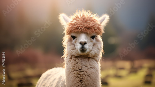 Esta cautivadora fotografía muestra una entrañable alpaca, su lujoso pelaje esponjoso capta la luz de la manera más encantadora. con una expresión gentil y acogedora, amabilidad y calidez Generative  photo