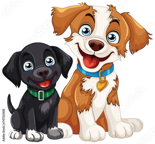 Two cheerful dogs sitting together, smiling.