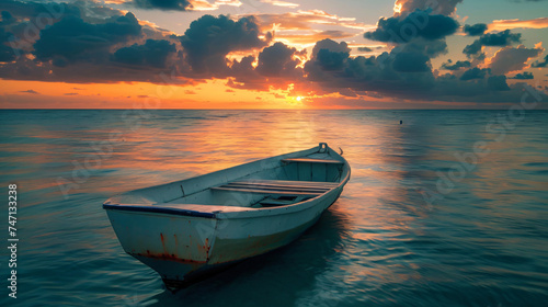 A little boat on the sea with golo light of suns