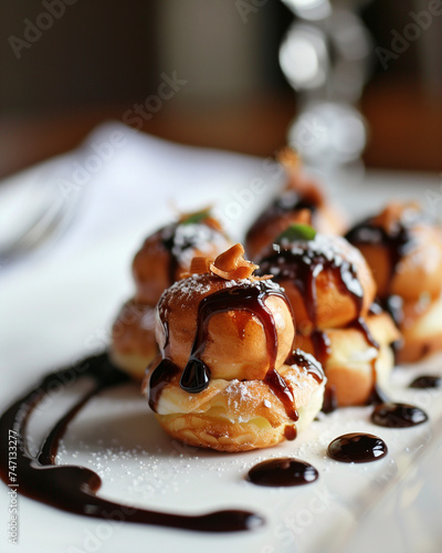 Profiteroles with cream and chocolate sauce. Profiterole with cream and chocolate icing on white background.