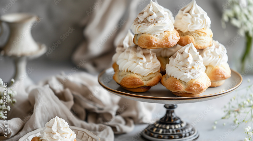 Profiterole Fresh and Sweet Cream Pastry Puffs. A traditional French sweet choux dough puff filled with cream on a white vintage plate. Blossom in background. Wedding style banner with copy space. Profiterole Fresh and Sweet Cream Pastry Puffs. A traditional French sweet choux dough puff filled with cream on a white vintage plate. Blossom in background. Wedding style banner with copy space.