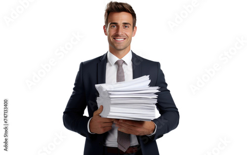 Businessman Holding Stack of Papers. A man in a suit is seen holding a stack of papers, appearing focused and professional. Isolated on a Transparent Background PNG.