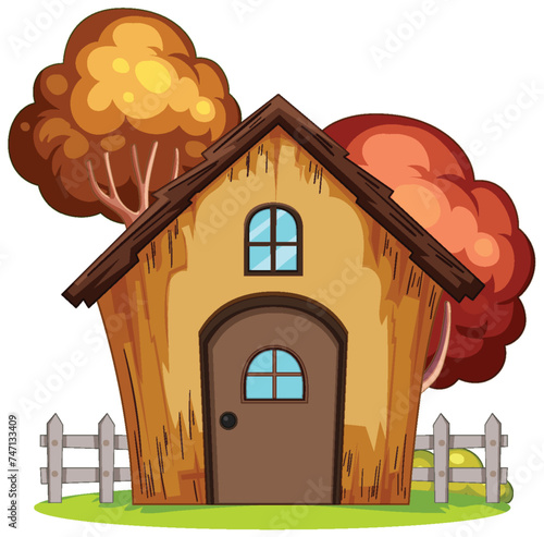 Cartoon illustration of a small wooden house with trees.
