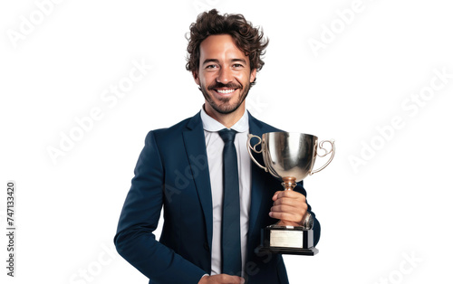 Successful Businessman Holding Trophy. A man in a formal suit is standing confidently, holding a shiny trophy in his hands. His expression is proud. Isolated on a Transparent Background PNG.