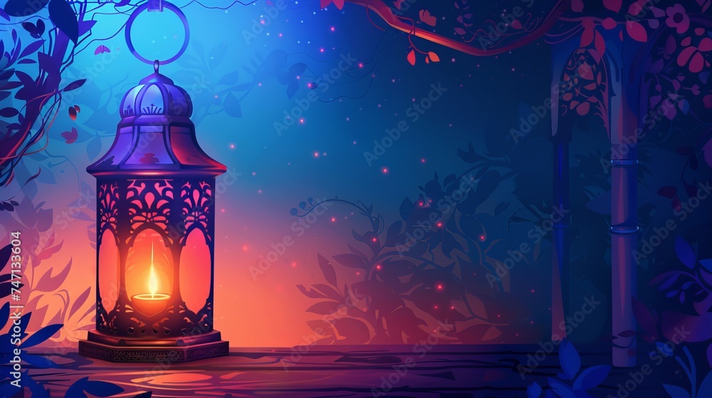 Beautiful Arabic lantern that twinkles with golden bokeh lights and a burning candle at night. Festive card to welcome the Muslim holy month of Ramadan, Kareem. dimly lit setting Beautiful Arabic lantern that twinkles with golden bokeh lights and a burning candle at night. Festive card to welcome the Muslim holy month of Ramadan, Kareem. dimly lit setting