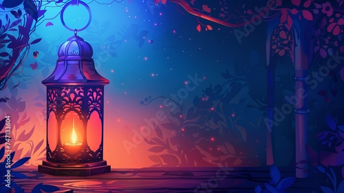 Beautiful Arabic lantern that twinkles with golden bokeh lights and a burning candle at night. Festive card to welcome the Muslim holy month of Ramadan, Kareem. dimly lit setting