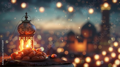 On the occasion of the Muslim holiday of Ramadan Kareem, there is a lantern with a moon symbol on top and a tiny plate of dates with fruit against a backdrop of the city and the night sky.